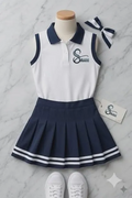 Preppy Sleeveless Polo and Pleated Skirt Set with Matching Bow