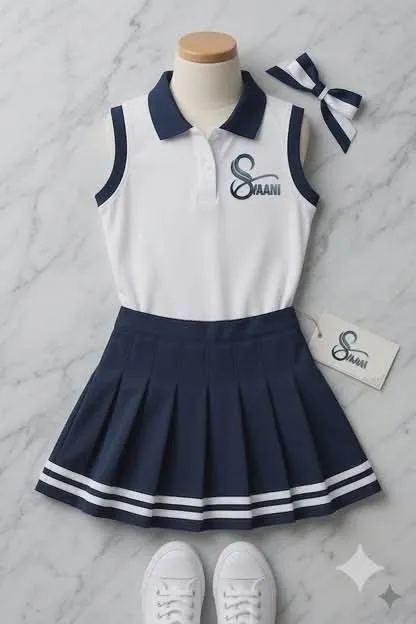 Preppy Sleeveless Polo and Pleated Skirt Set with Matching Bow